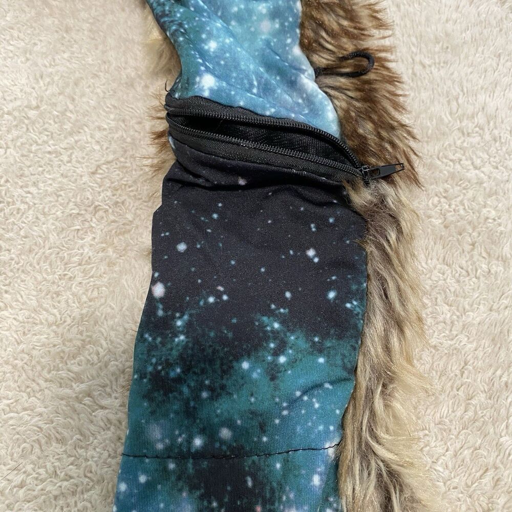 Wolf Faux Fur Animal Hood Hat One Size 3-in-1 Scarf Mittens Paws Rave Festival - Picture 8 of 12